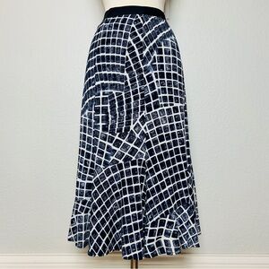 PAP Milano Midi Skirt Women's 12 Navy White Geometric Lined Flare Made In Italy